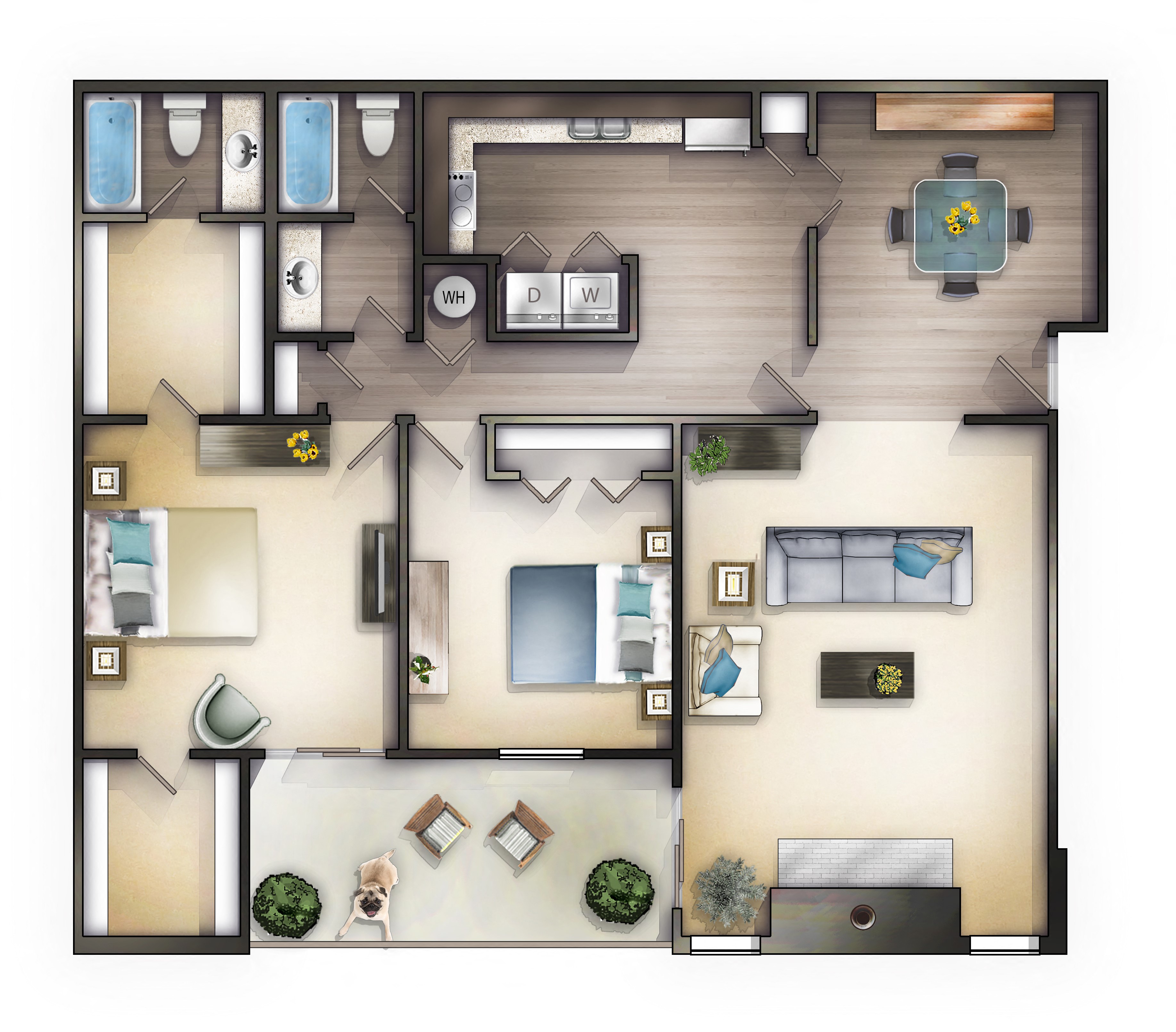 Floor plan for 2 beds, 2 baths, 1308 sqft